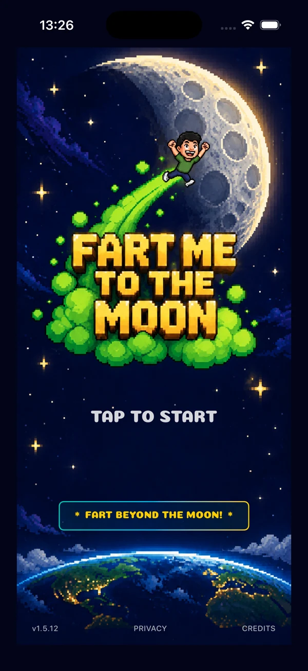Écran-titre de Fart Me To The Moon — personnage pixel-art décollant sur un nuage de pet
