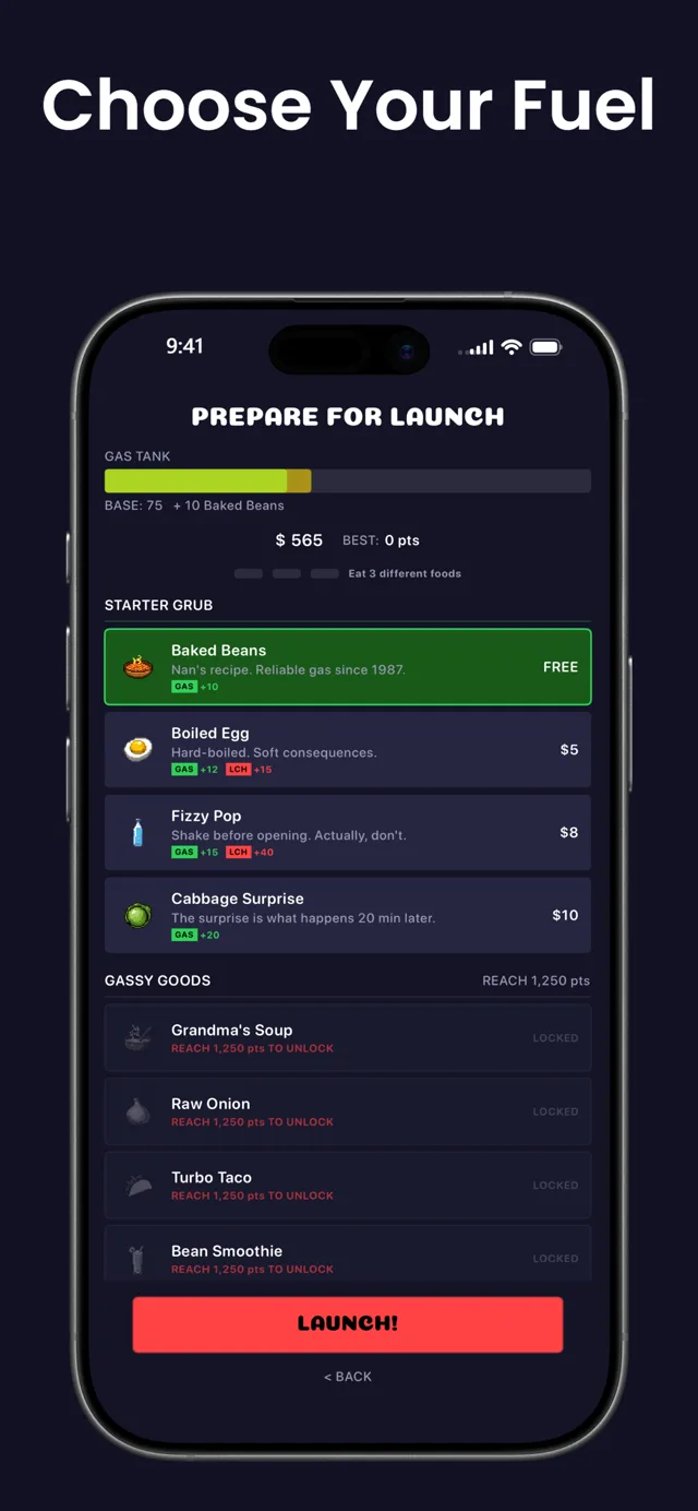 Choose Your Fuel — the Prepare For Launch screen with baked beans, boiled egg, fizzy pop, and cabbage surprise