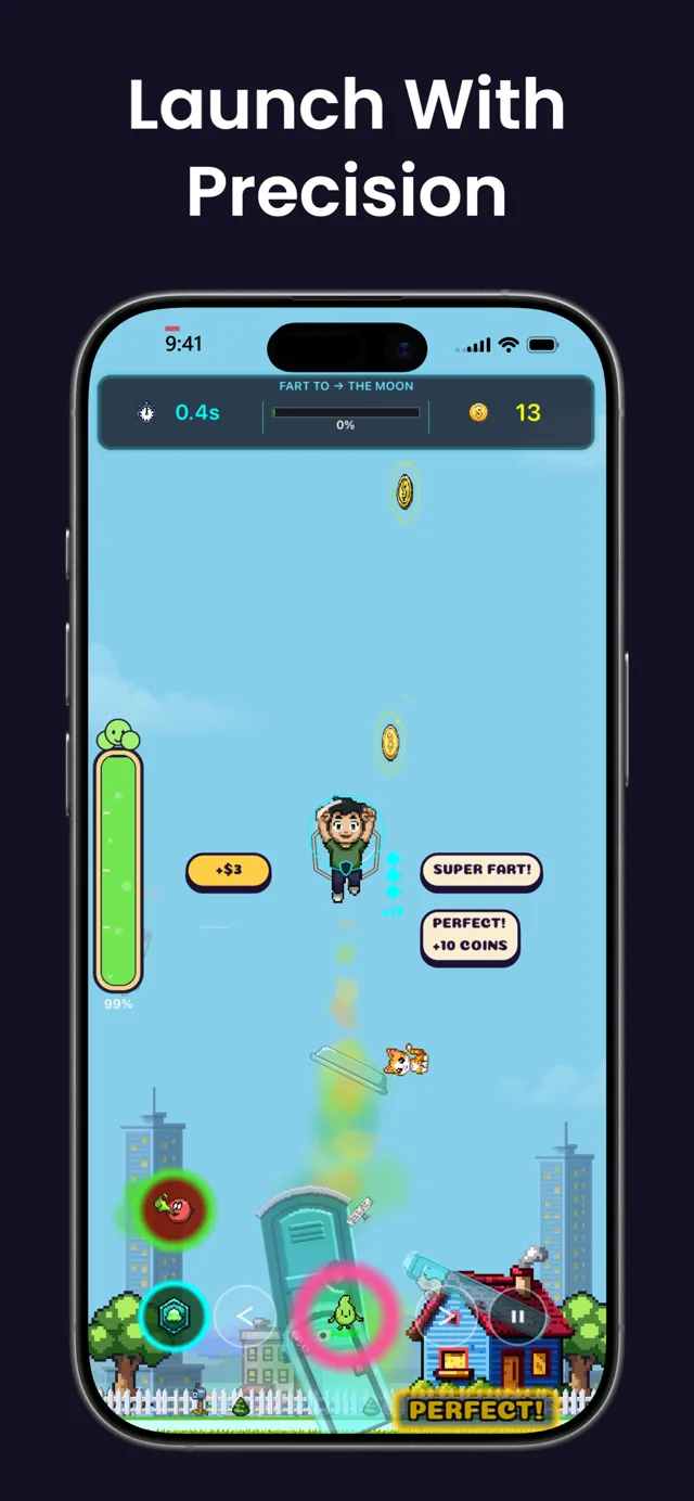 Launch With Precision — a perfect launch out of the portaloo above the rooftops, scoring bonus coins