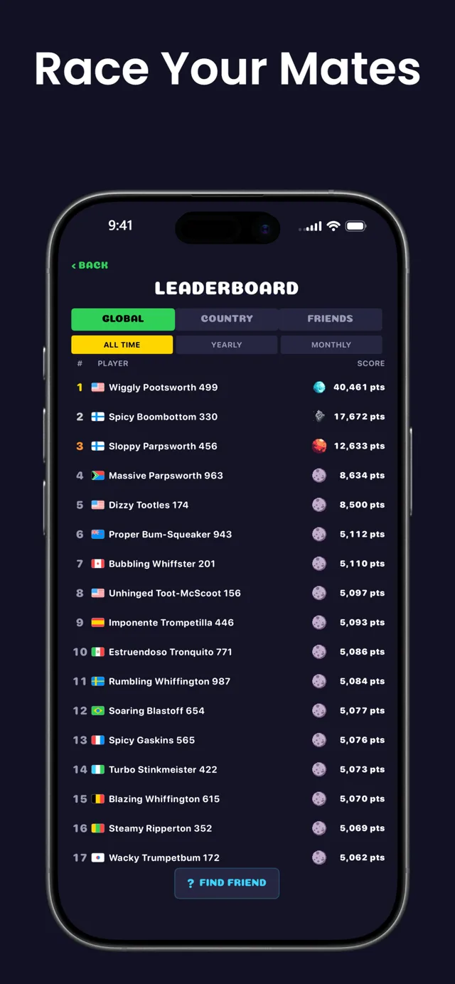 Race Your Mates — the global leaderboard filled with silly auto-generated nicknames