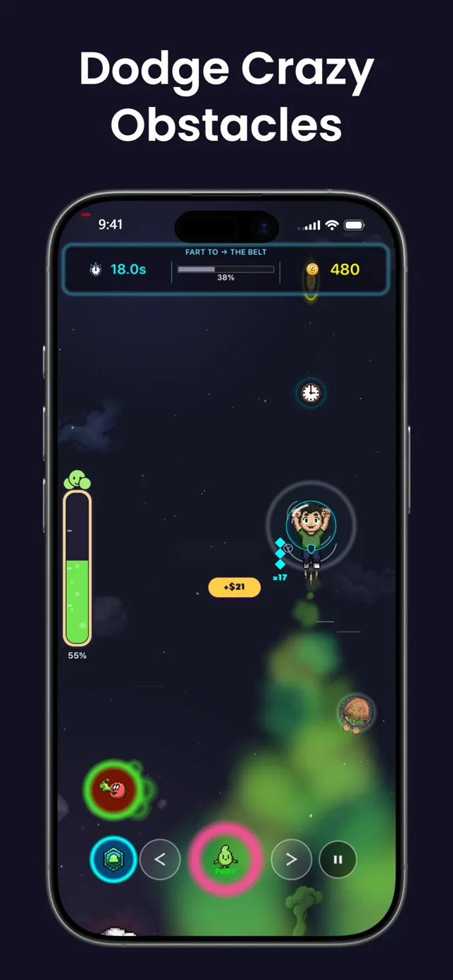 Dodge Crazy Obstacles — flying through the Asteroid Belt on a swirling green gas cloud