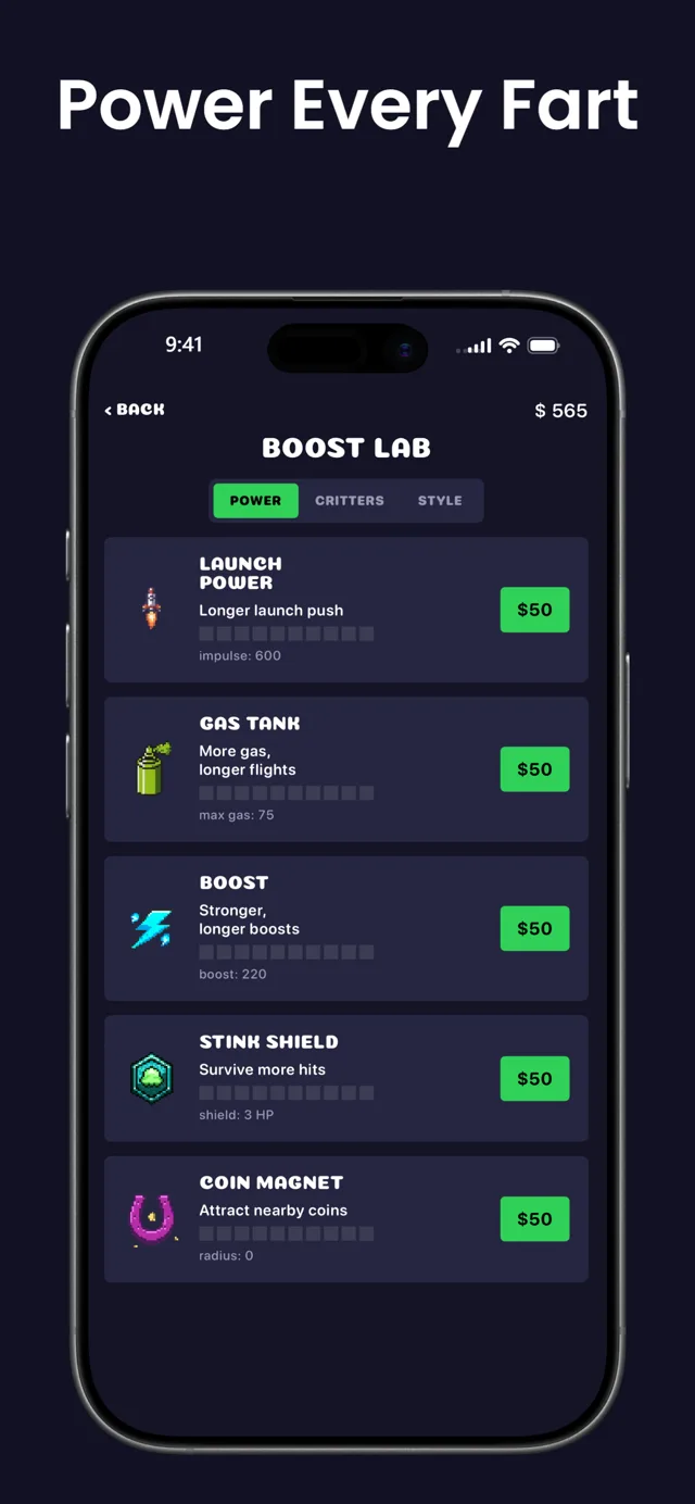Power Every Fart — the Boost Lab listing Launch Power, Gas Tank, Boost, Stink Shield, and Coin Magnet upgrades