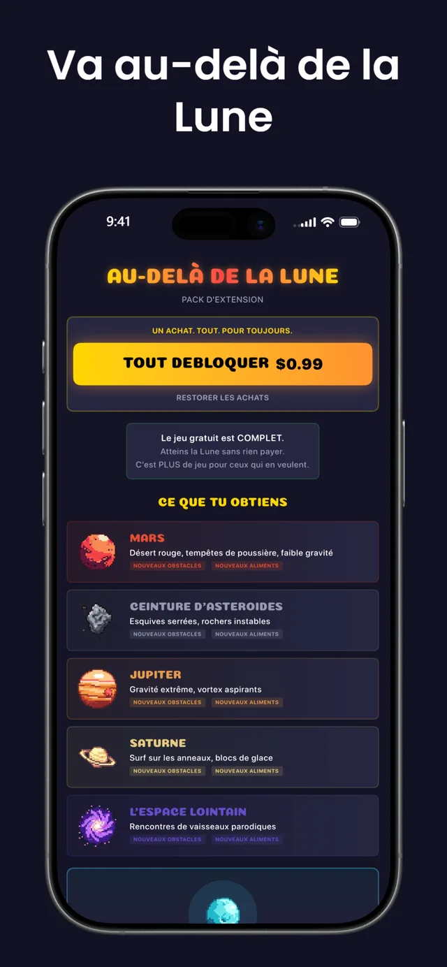 Va au-delà de la Lune — la liste des planètes avec Mars, la Ceinture d'Astéroïdes, Jupiter, Saturne et l'Espace Profond