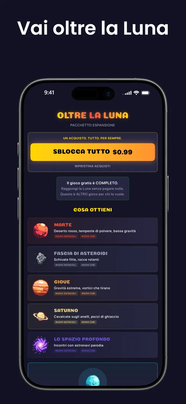Vai oltre la Luna — l'elenco dei pianeti con Marte, la Fascia degli Asteroidi, Giove, Saturno e lo Spazio Profondo